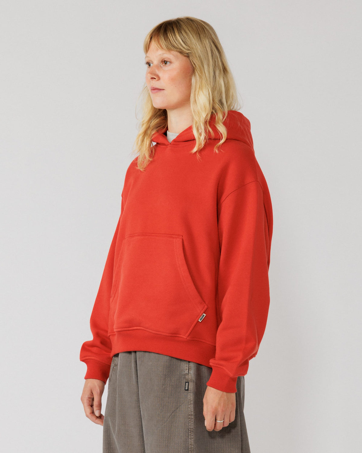 520 Organic Hoody - Signal Red — women's 3/4 angle drape