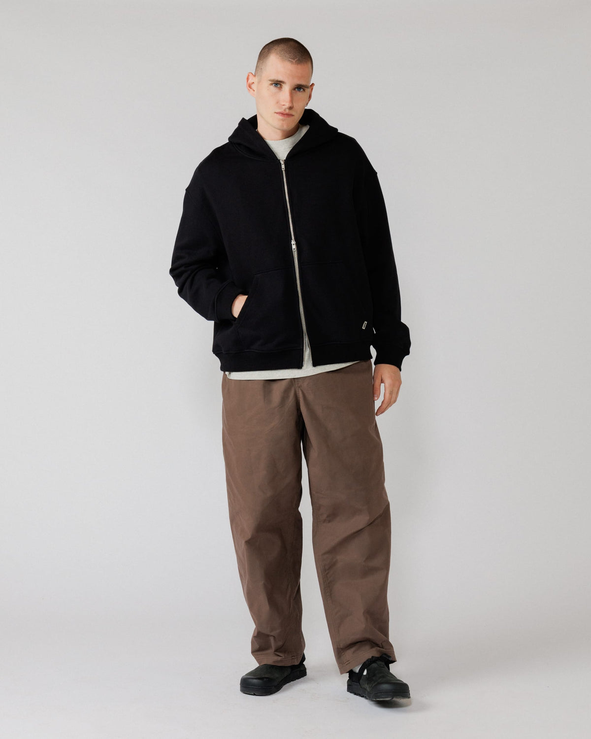 Heavyweight Two-Way Zip Hoody - Black — Hero: male full-body front, direct