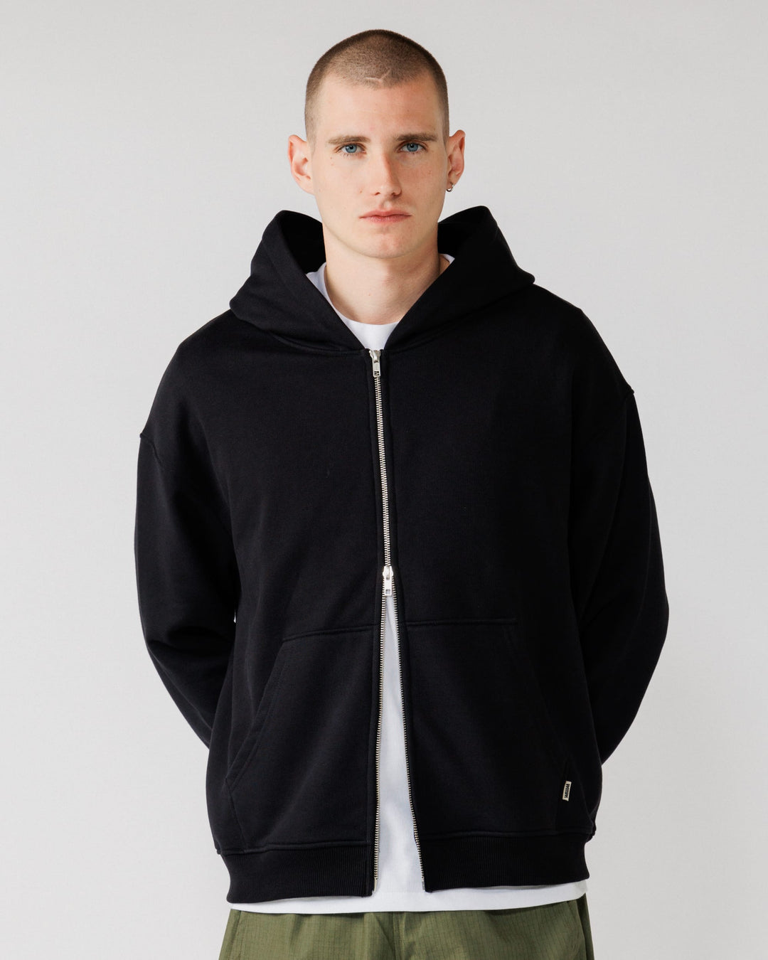 Heavyweight Two-Way Zip Hoody - Black — Male front crop, hood legible