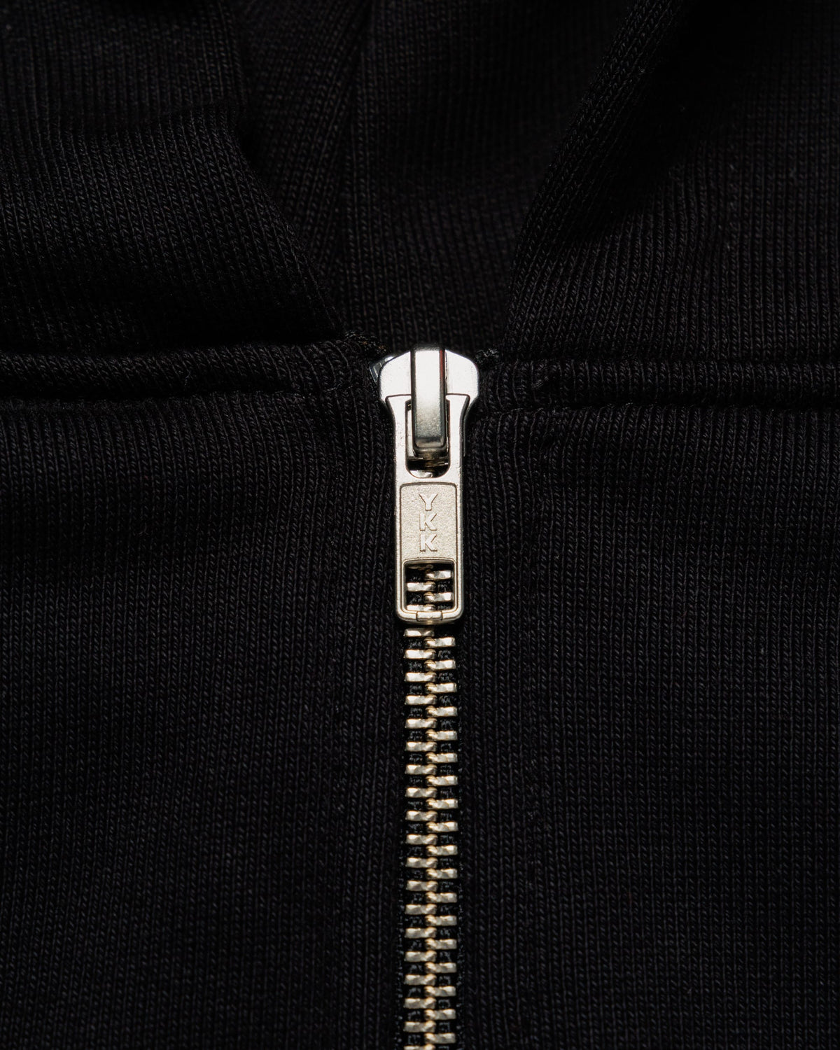 Heavyweight Two-Way Zip Hoody - Black — YKK zip hardware close-up