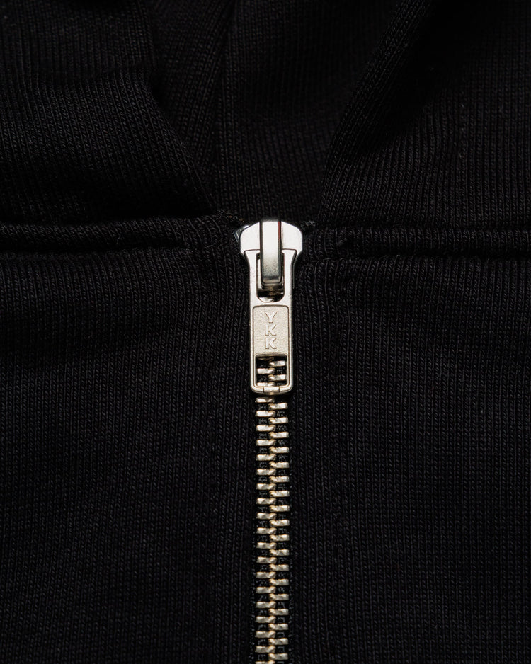 Heavyweight Two-Way Zip Hoody - Black — YKK zip hardware close-up