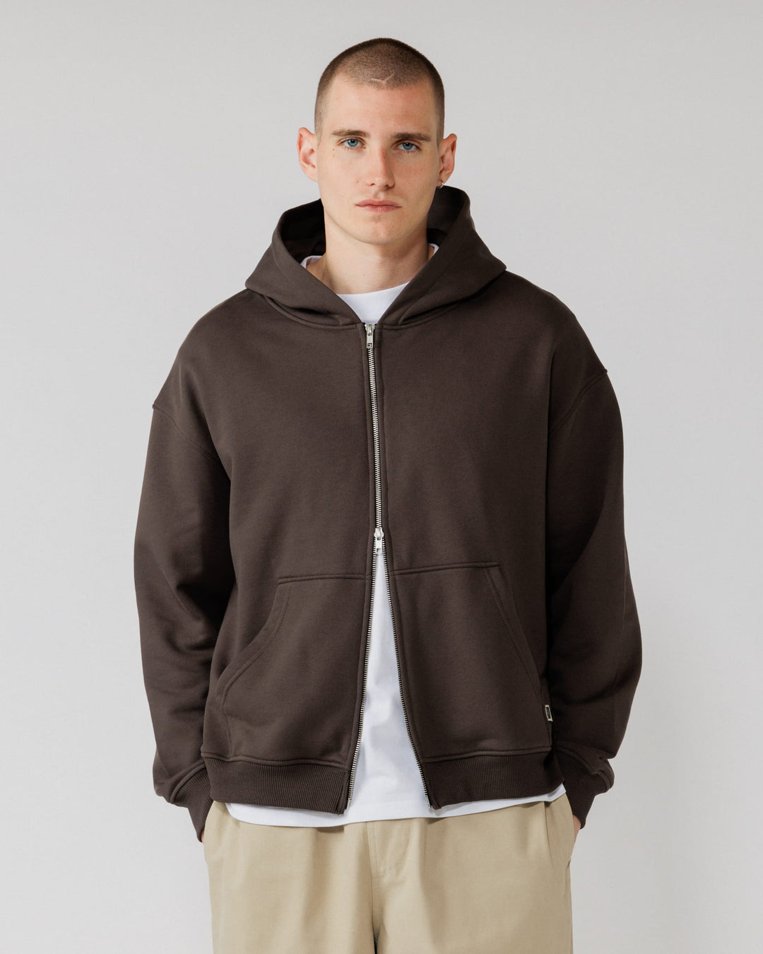 Heavyweight Two-Way Zip Hoody - Chocolate Brown — Male front crop, direct gaze