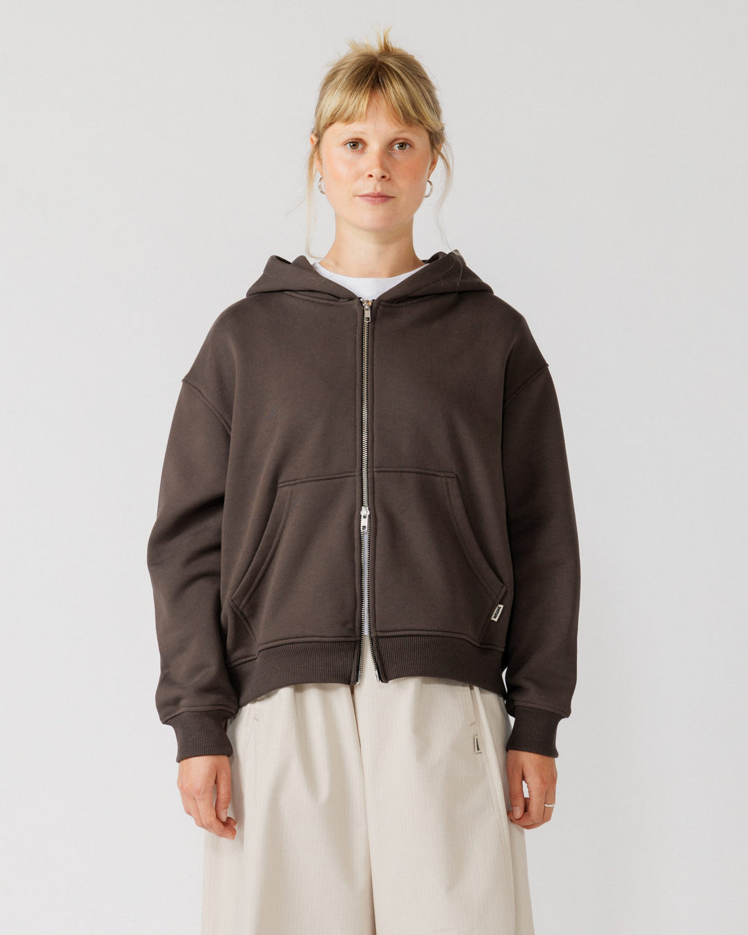 Heavyweight Two-Way Zip Hoody - Chocolate Brown — Female front crop, direct gaze