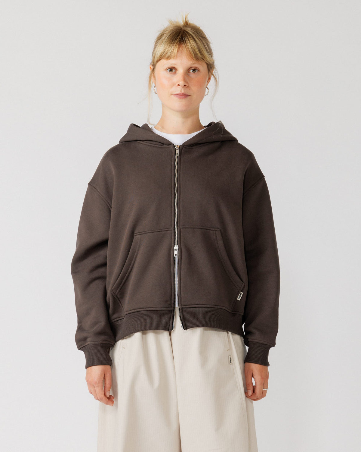 Heavyweight Two-Way Zip Hoody - Chocolate Brown — Female front crop, direct gaze