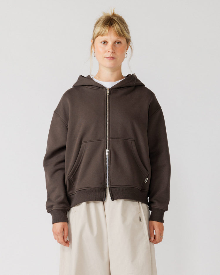Heavyweight Two-Way Zip Hoody - Chocolate Brown — Female front crop, direct gaze