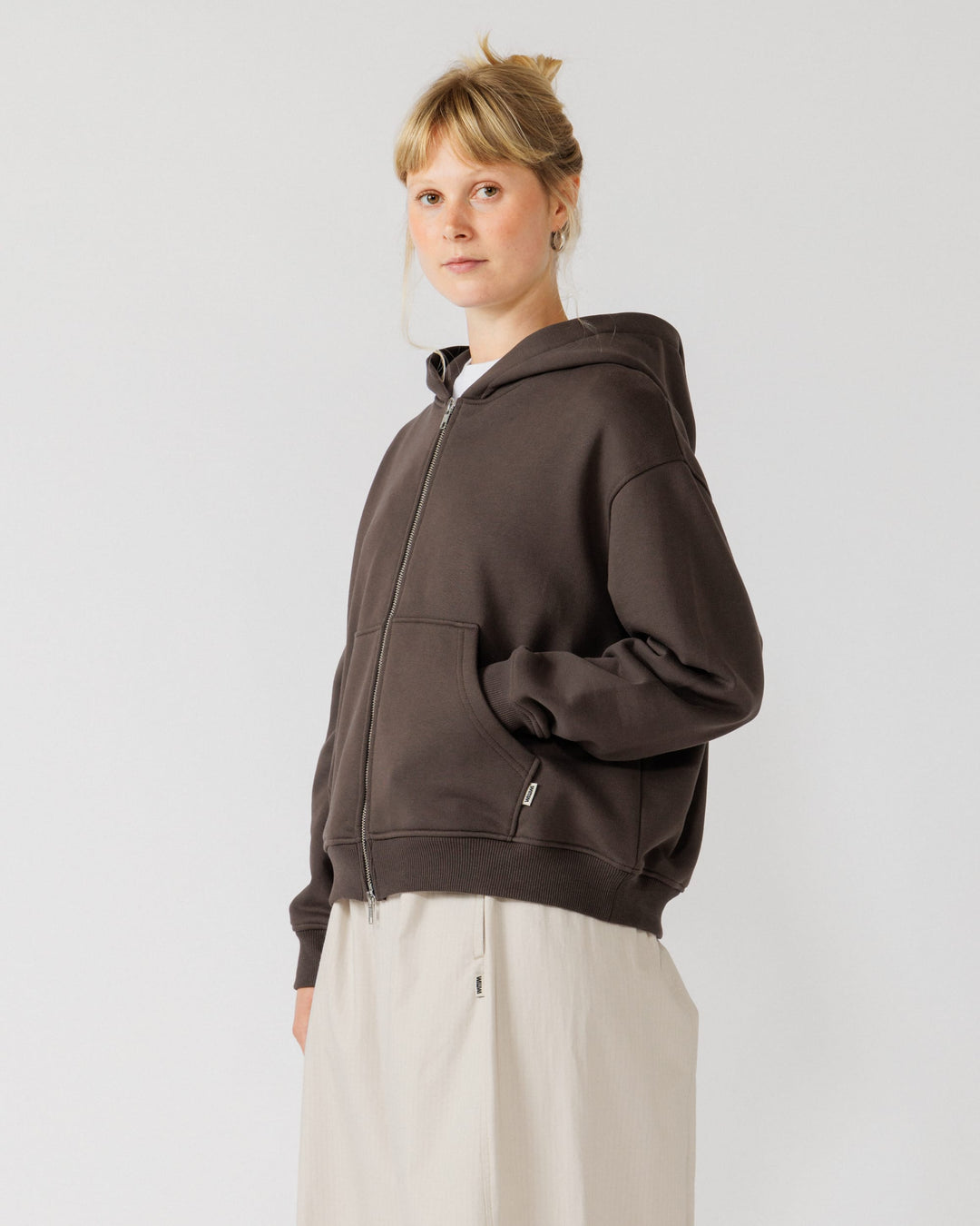 Heavyweight Two-Way Zip Hoody - Chocolate Brown — Female side angle, drape clear