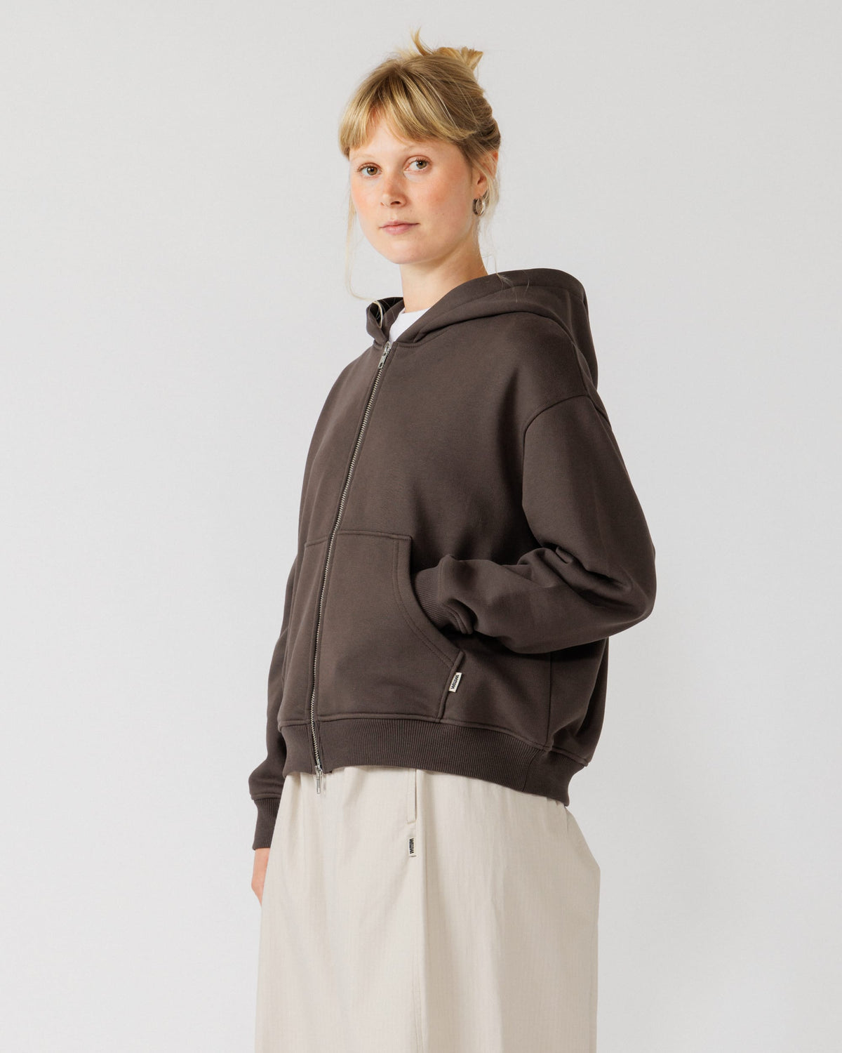 Heavyweight Two-Way Zip Hoody - Chocolate Brown — Female side angle, drape clear