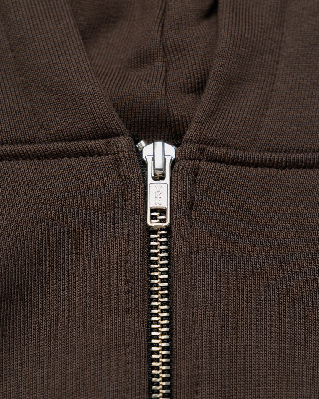 Heavyweight Two-Way Zip Hoody - Chocolate Brown — YKK zip hardware close-up