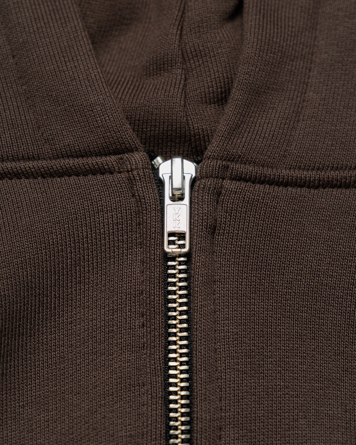 Heavyweight Two-Way Zip Hoody - Chocolate Brown — YKK zip hardware close-up
