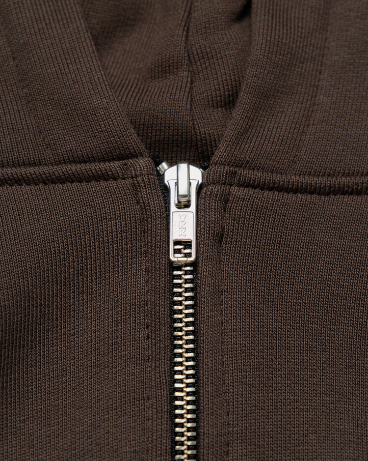 Heavyweight Two-Way Zip Hoody - Chocolate Brown — YKK zip hardware close-up