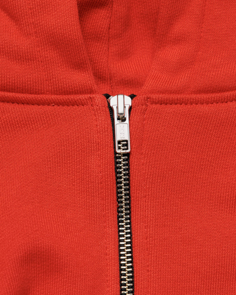 Heavyweight Two-Way Zip Hoody - Signal Red — YKK zip hardware close-up