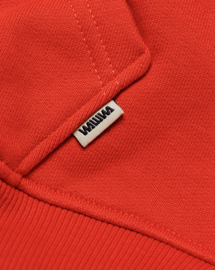 Heavyweight Two-Way Zip Hoody - Signal Red — Hem label branding detail