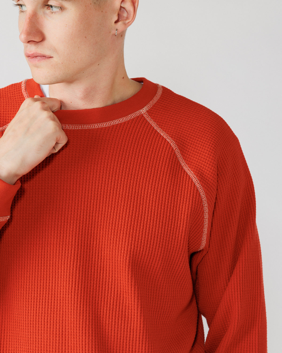 Raglan Range Waffle Knit - Signal Red w Ecru — neckline raglan contrast stitch