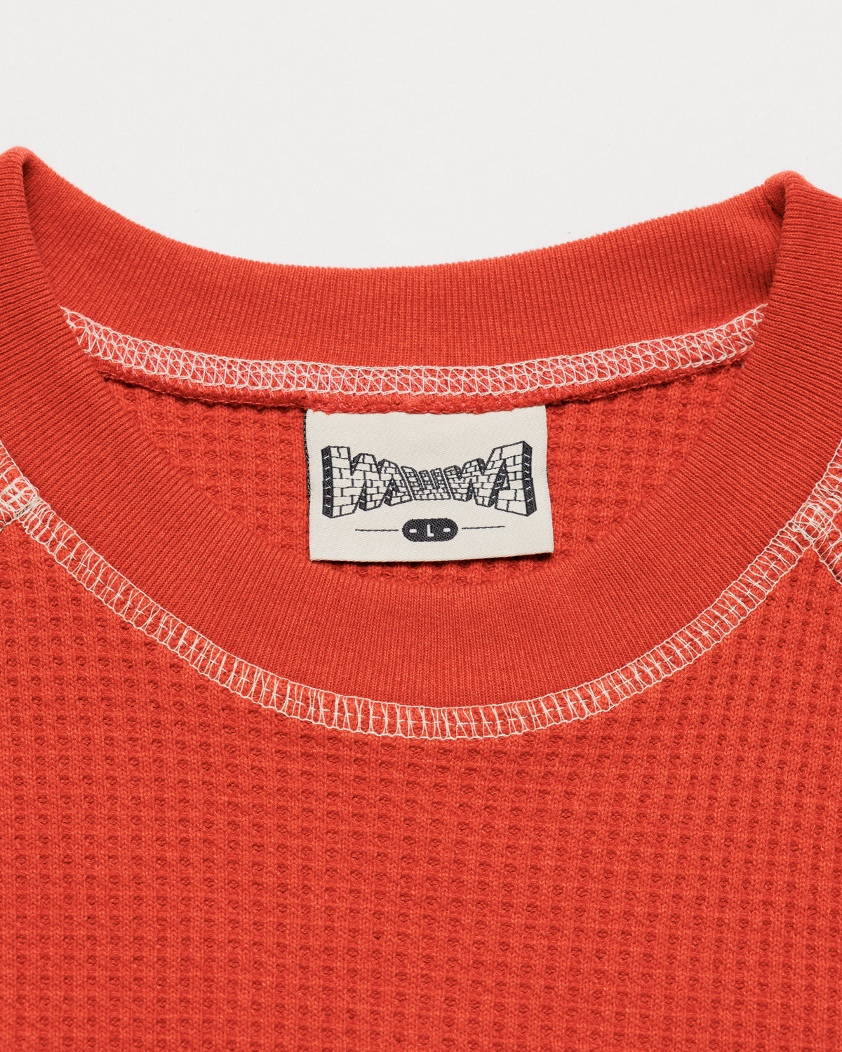 Raglan Range Waffle Knit - Signal Red w Ecru — flat collar, brand label