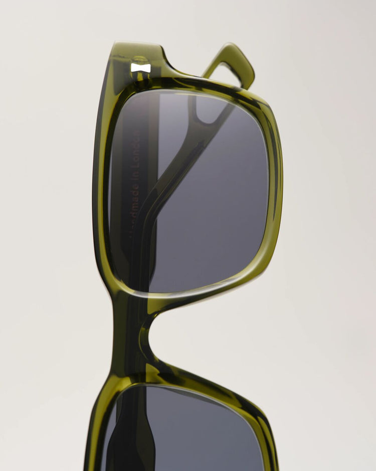 Close-up detail of Solaris Sunglasses khaki acetate frame, handmade in London